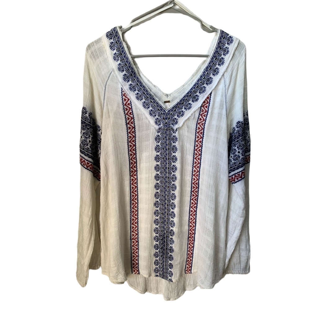 FREE PEOPLE Women’s Deep V-Neck Cream w/ Blue and Red Embroidered Gauze Blouse - Picture 1 of 9